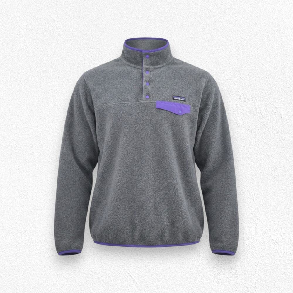 Patagonia Synchilla Gray Purple Pocket Fleece Snap-T Pullover Sweater Size Small